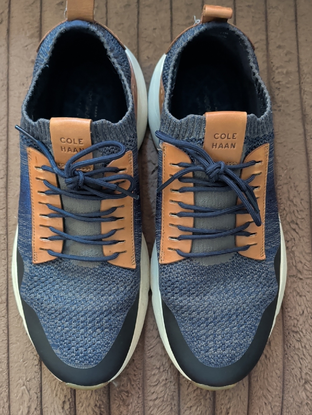 Cole Haan Blue Knit Sneakers with Brown Leather Accents